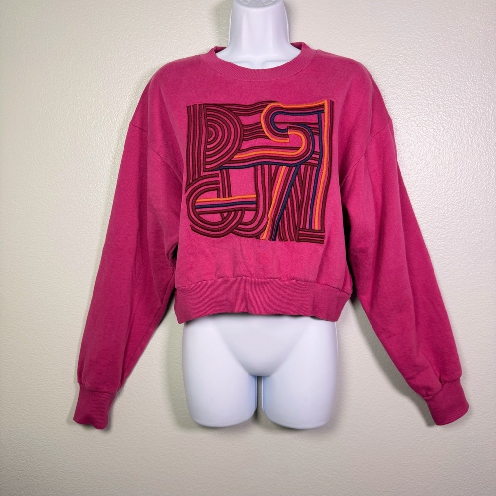 Desigual magenta pink Cropped Sweatshirt Embroidered Logo Fleece Top Small NWT